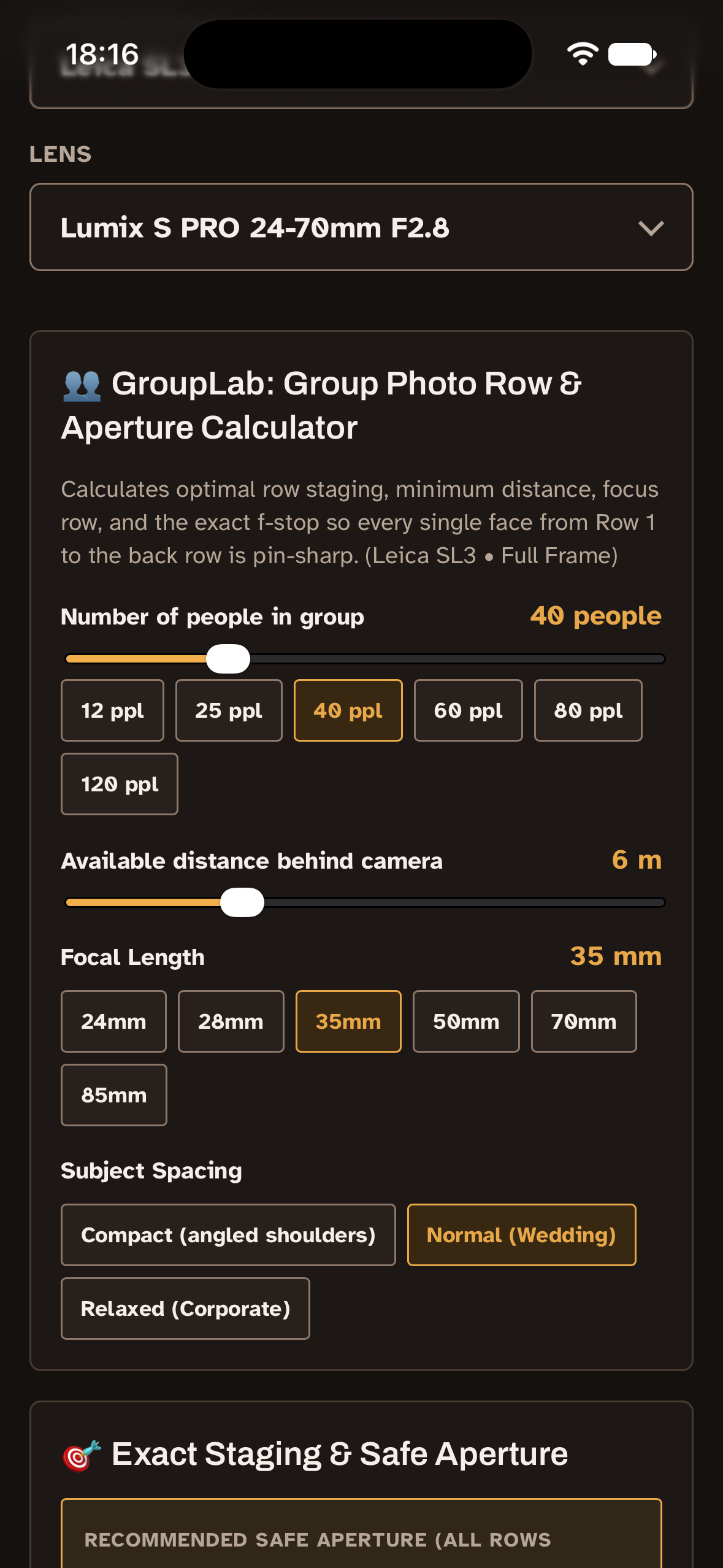 Portraro GroupLab Group Photo Row & Aperture Calculator